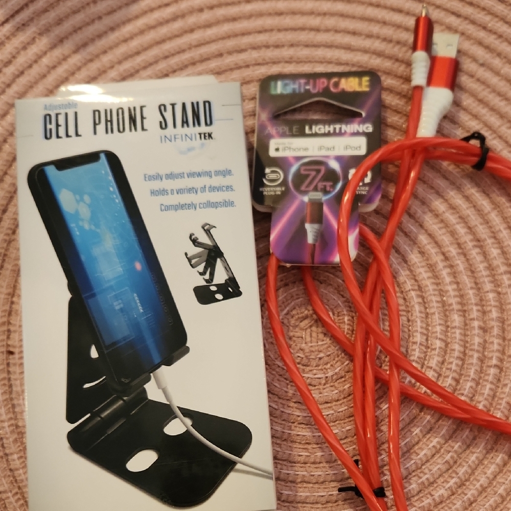 Black Adjustable Phone Stand with Red Lightning Cable